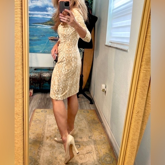 J. McLaughlin,Sage Dress, Cream/Gold Textured Ruched Sheath Slimming,EUC, Size S - Picture 4 of 11